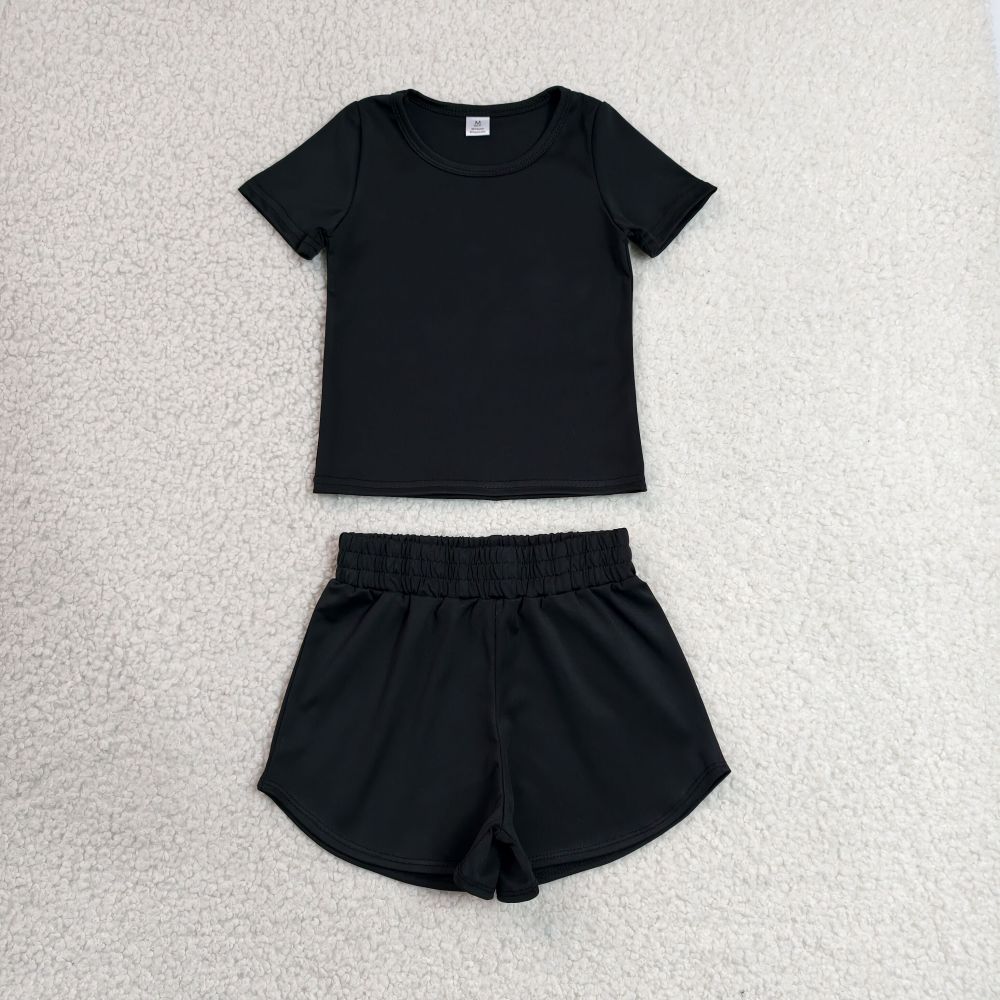 GSSO3760  Black solid Print Short sleeve girl  summer athletic outfits