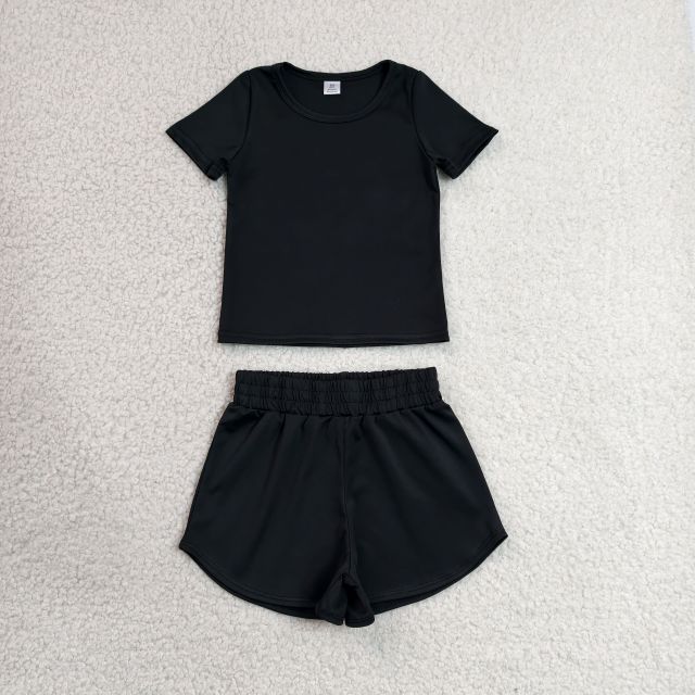 GSSO3760  Black solid Print Short sleeve girl  summer athletic outfits