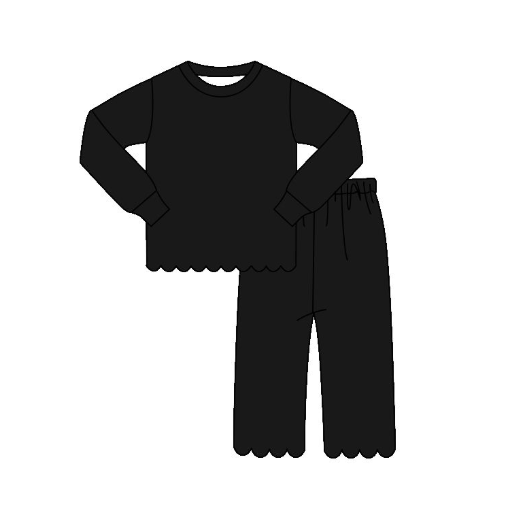 GLP3290 pre order Solid black long-sleeved trouser suit with wavy lace trim