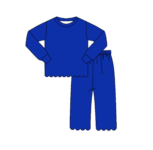 GLP3311 pre order Solid blue long-sleeved trouser suit with wavy lace trim