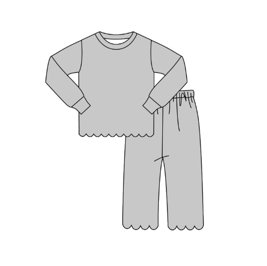 GLP3312  pre order Solid gray long-sleeved trouser suit with wavy lace trim