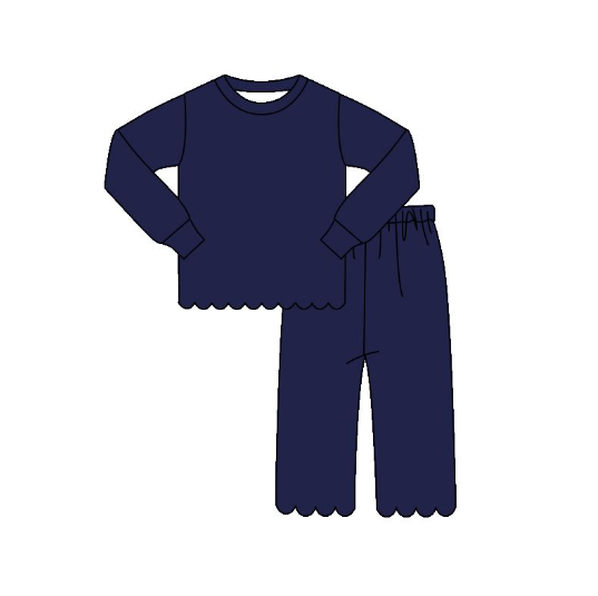 GLP3298  pre order Solid color navy blue long-sleeved trouser suit with wavy lace trim