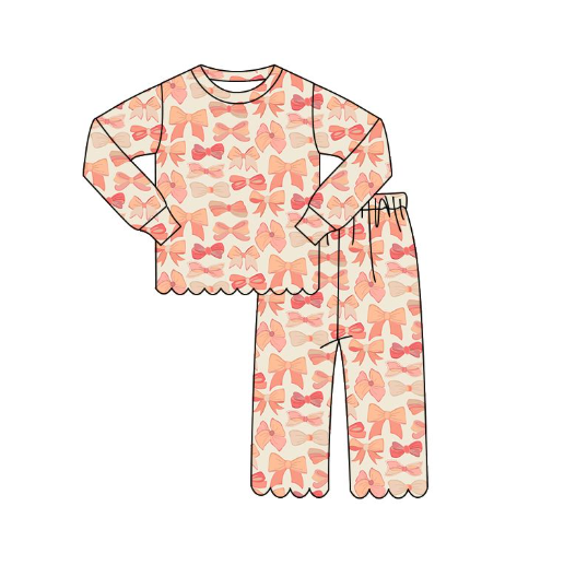 GLP3302 pre order Light-colored long-sleeved and trouser suit with bow pattern and wavy trim