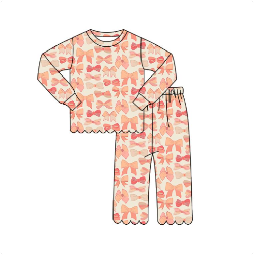 GLP3302 pre order Light-colored long-sleeved and trouser suit with bow pattern and wavy trim