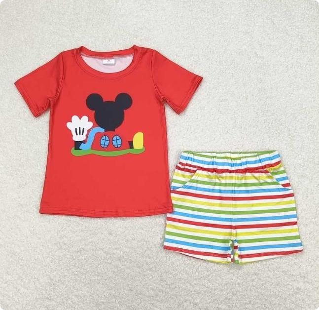 BSSO0786 Red short-sleeved shirt and colorful striped shorts set