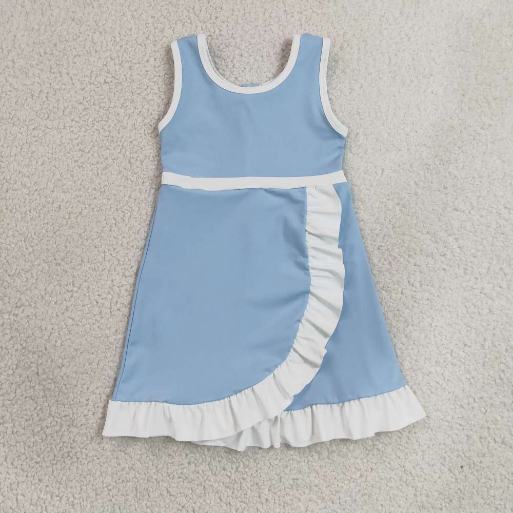 GSD4124  RTS Blue white with blue solid active girl yoga dress