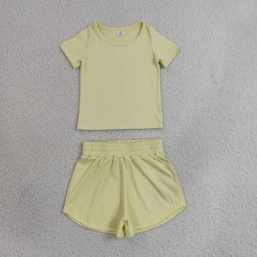 GSSO3763  light yellow Print Short sleeve girl  summer athletic outfits