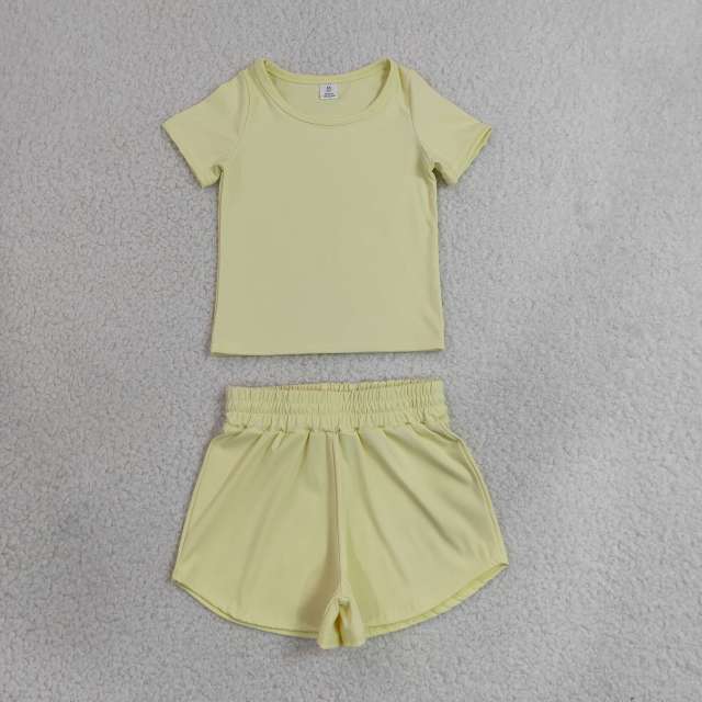 GSSO3763  light yellow Print Short sleeve girl  summer athletic outfits