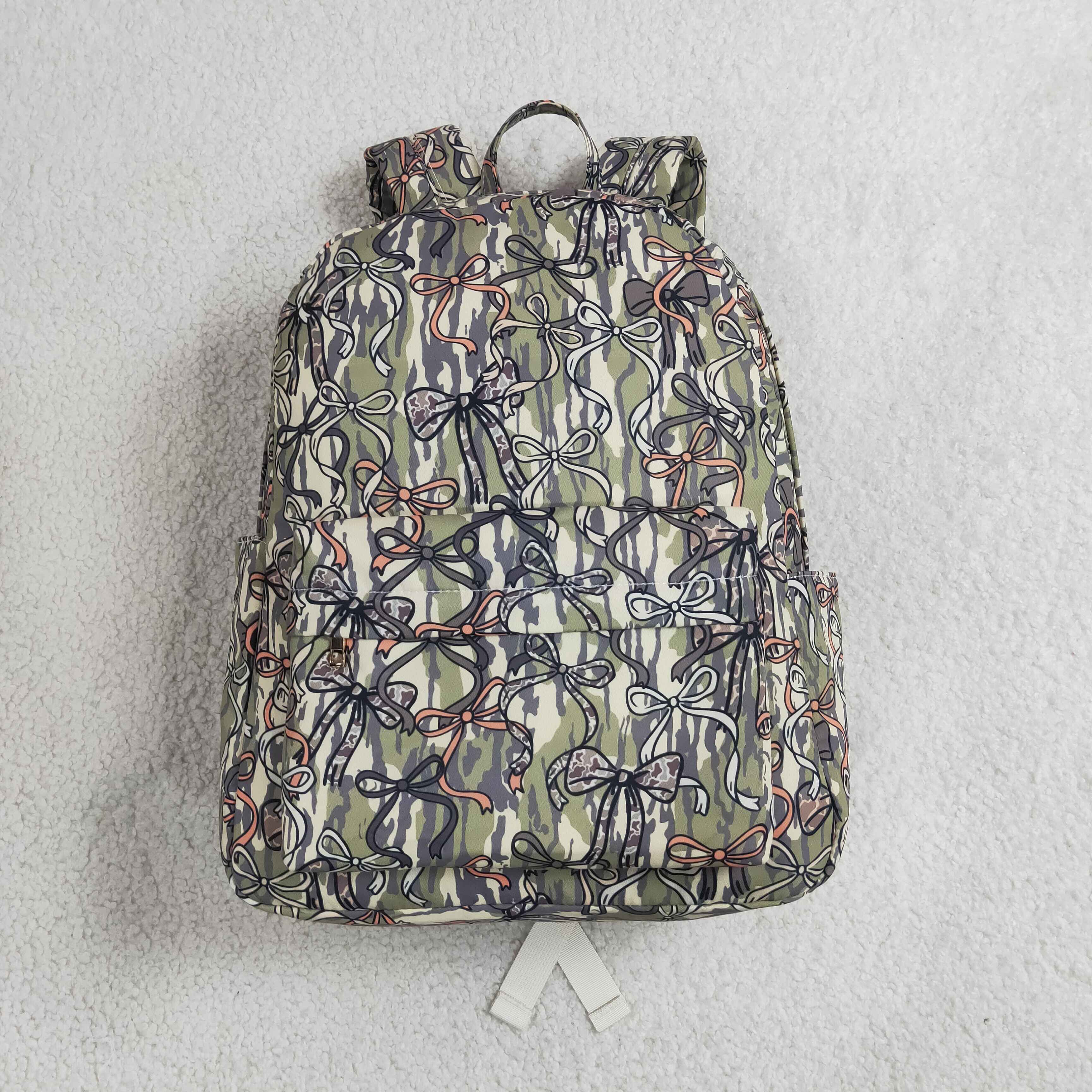 BA0394 camo green bows print kids backpack