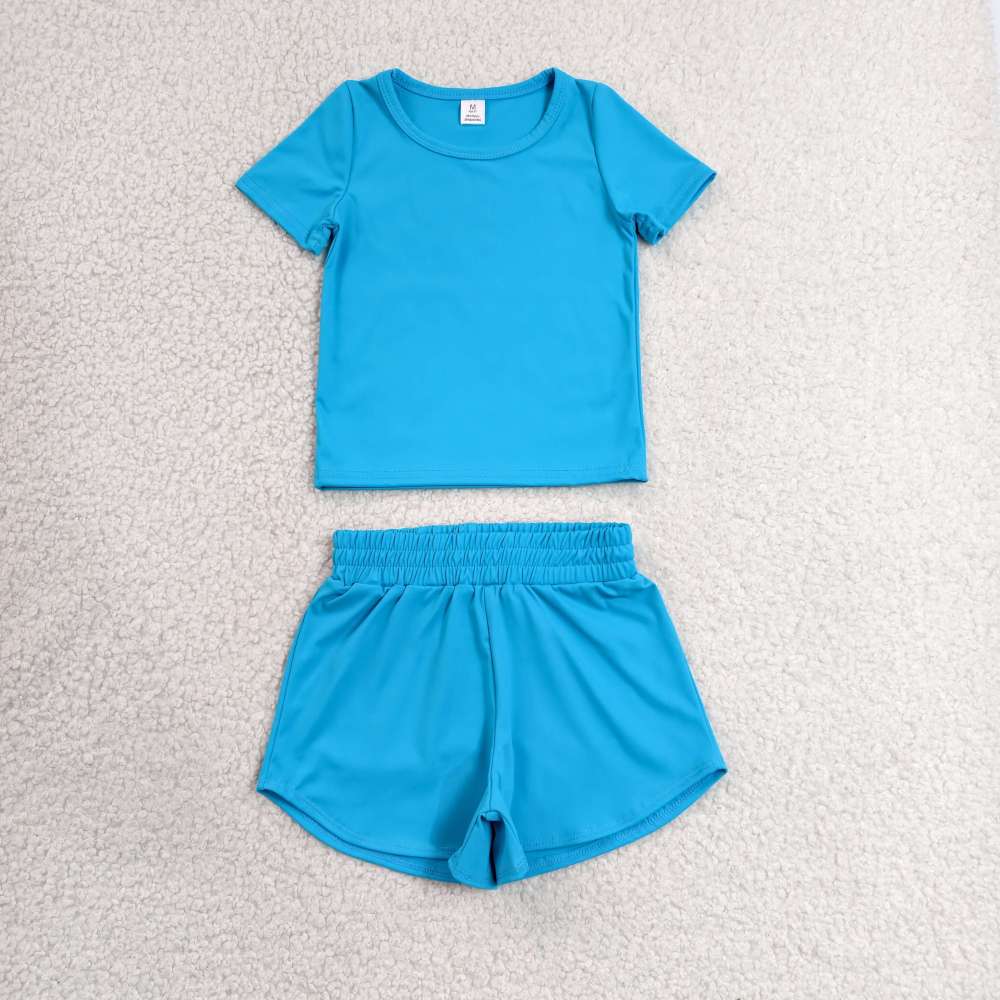 GSSO3770  Blue solid Print Short sleeve girl  summer athletic outfits