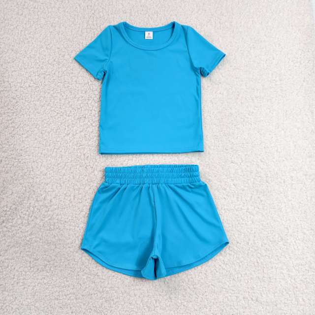 GSSO3770  Blue solid Print Short sleeve girl  summer athletic outfits