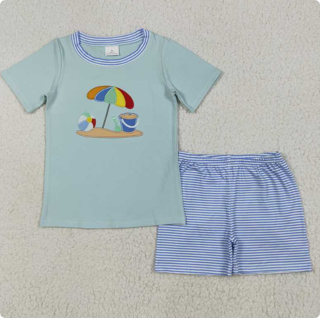 BSSO1485 Embroidered Beach Ball Parasol Short-Sleeve Blue Striped Shorts Set