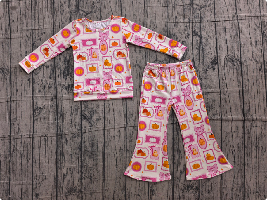 Baby Girls Bows Pumpkins Checked Shirt Top Flare Pant Fall Clothes Sets Preorder