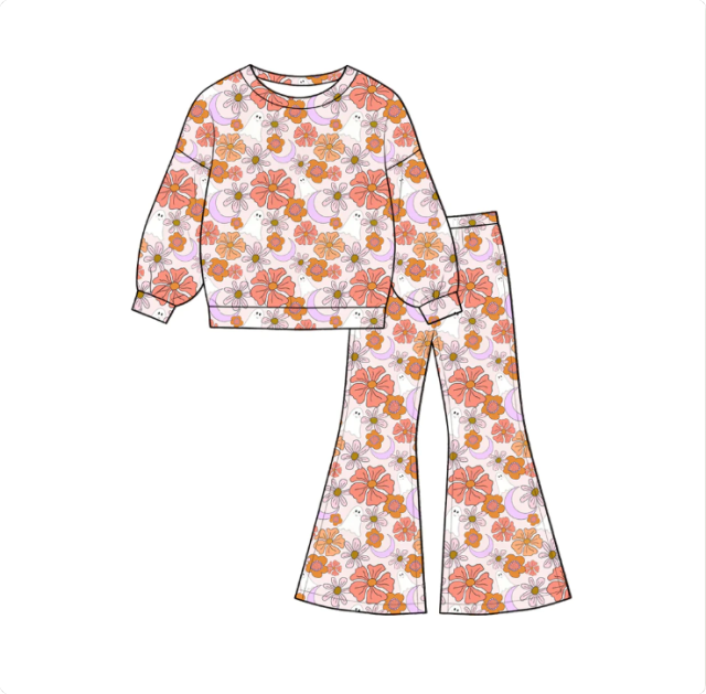 Baby Girls Ghost Flowers Shirt Top Flare Pant Halloween Clothes Sets Preorder