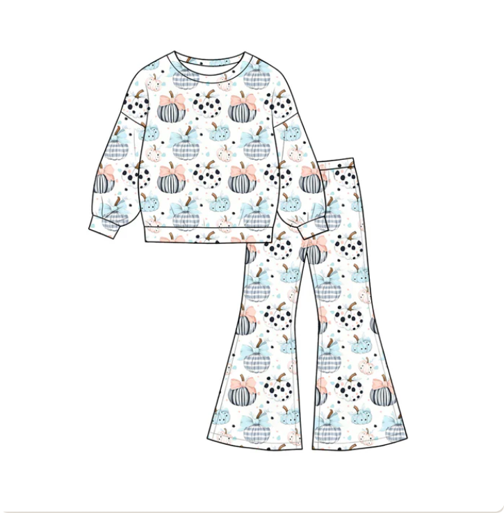 Baby Girls Bows Pumpkins Shirt Top Flare Pant Fall Clothes Sets Preorder