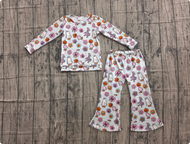 Baby Girls Flowers Ghosts Shirt Top Flare Pant Halloween Clothes Sets Preorder