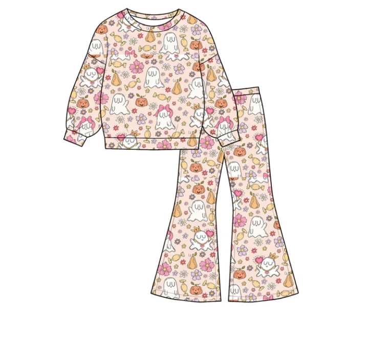 Baby Girls Flowers Ghosts Shirt Top Flare Pant Halloween Clothes Sets Preorder