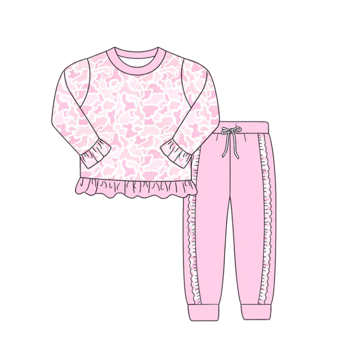 Baby Girls Light Pink Camo Shirt Top Ruffle Jogger Clothes Sets Preorder
