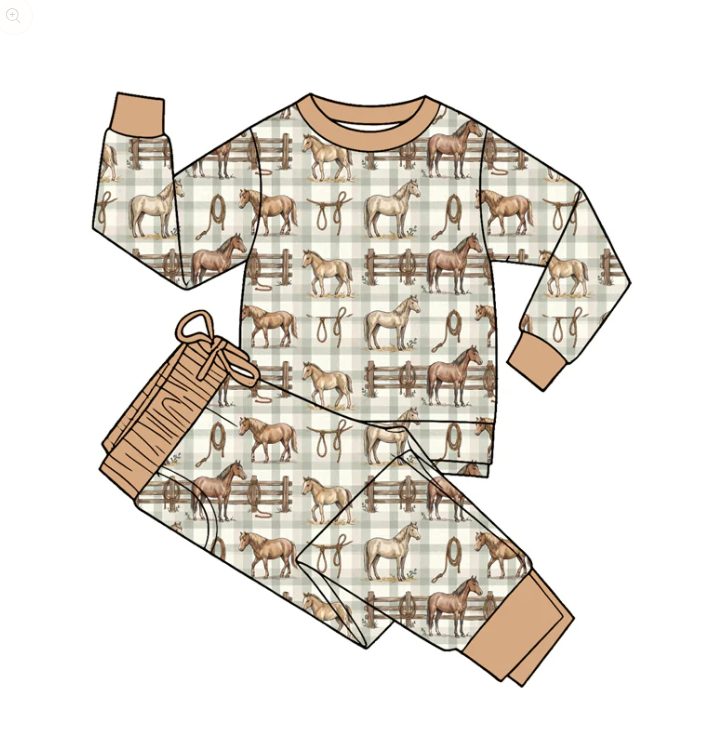 Baby Boys Horses Checked Top Pockets Jogger Western Clothes Sets Preorder