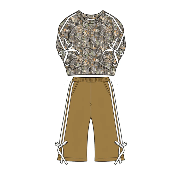 Baby Girls Leaves Camo Shirt Top Pockets Flare Pant Fall Clothes Sets Preorder