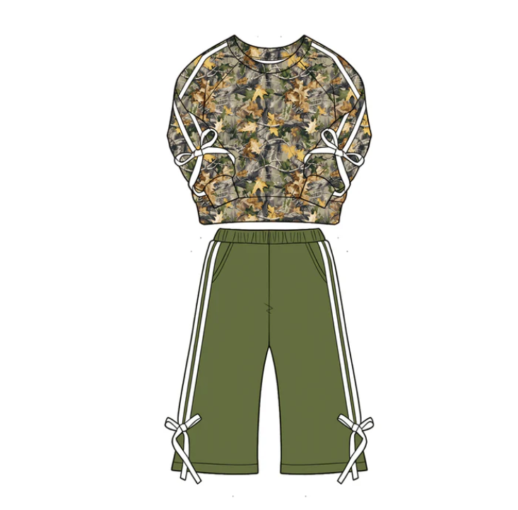 Baby Girls Leaves Camo Shirt Top Pockets Flare Pant Fall Clothes Sets Preorder