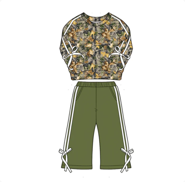 Baby Girls Leaves Camo Shirt Top Pockets Flare Pant Fall Clothes Sets Preorder