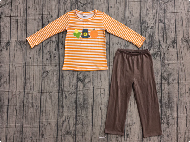 Embroidery Pumpkin Corns Baby Boys Orange Stripe Top Pant Fall Clothes Sets Preorder