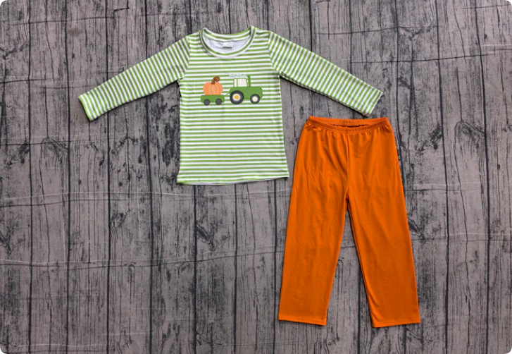 Embroidery Pumpkin Truck Baby Boys Green Stripe Top Pant Fall Clothes Sets Preorder
