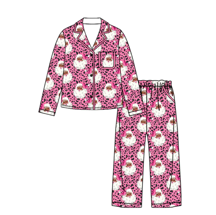 Preorder Adult Women Pink Leopard Santa Button Pocket Top Pant Christmas Pajamas Sets