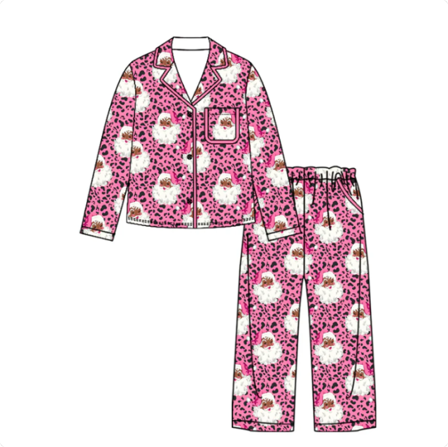 Preorder Adult Women Pink Leopard Santa Button Pocket Top Pant Christmas Pajamas Sets