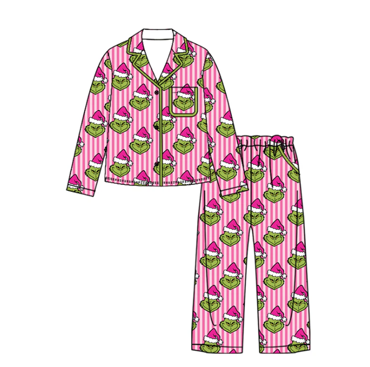 Preorder Adult Women Pink Stripe Frogs Button Pocket Top Pant Christmas Pajamas Sets