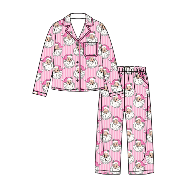 Preorder Adult Women Pink Stripe Santa Button Pocket Top Pant Christmas Pajamas Sets