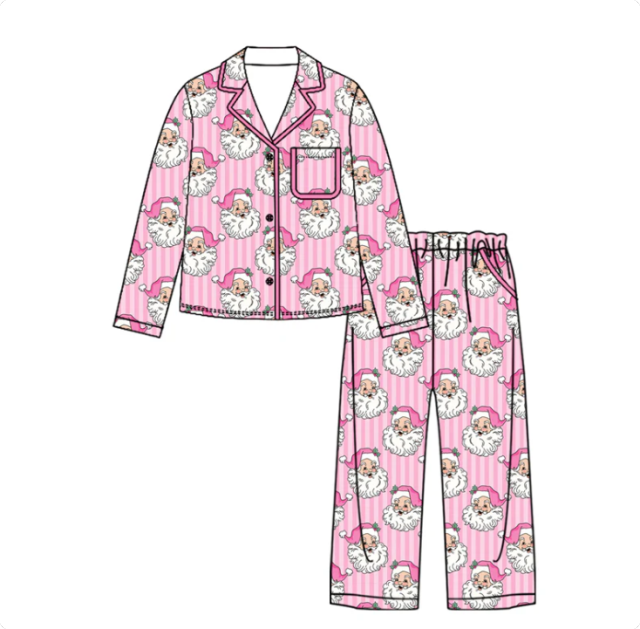 Preorder Adult Women Pink Stripe Santa Button Pocket Top Pant Christmas Pajamas Sets