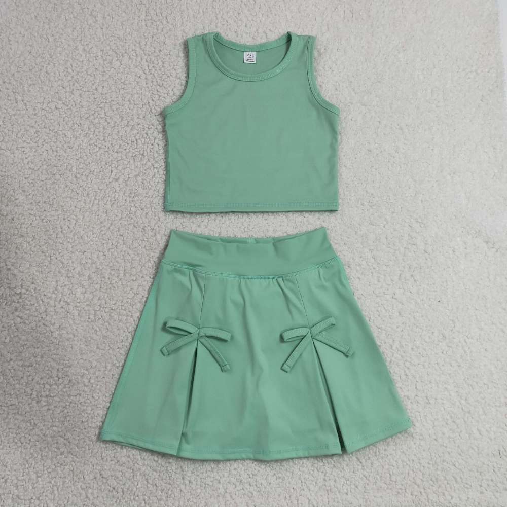 GSD3760  RTS Green solid print active girl yoga skirt bows dress