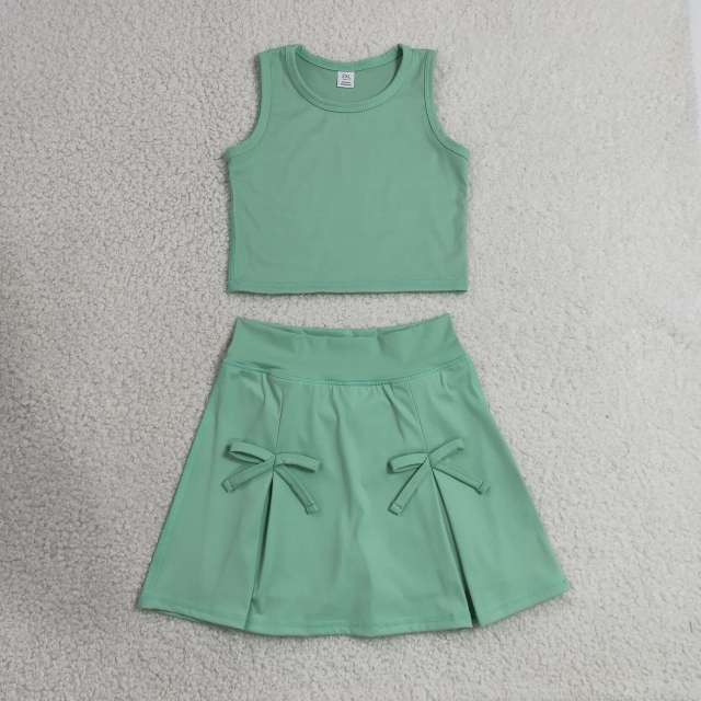 GSD3760  RTS Green solid print active girl yoga skirt bows dress