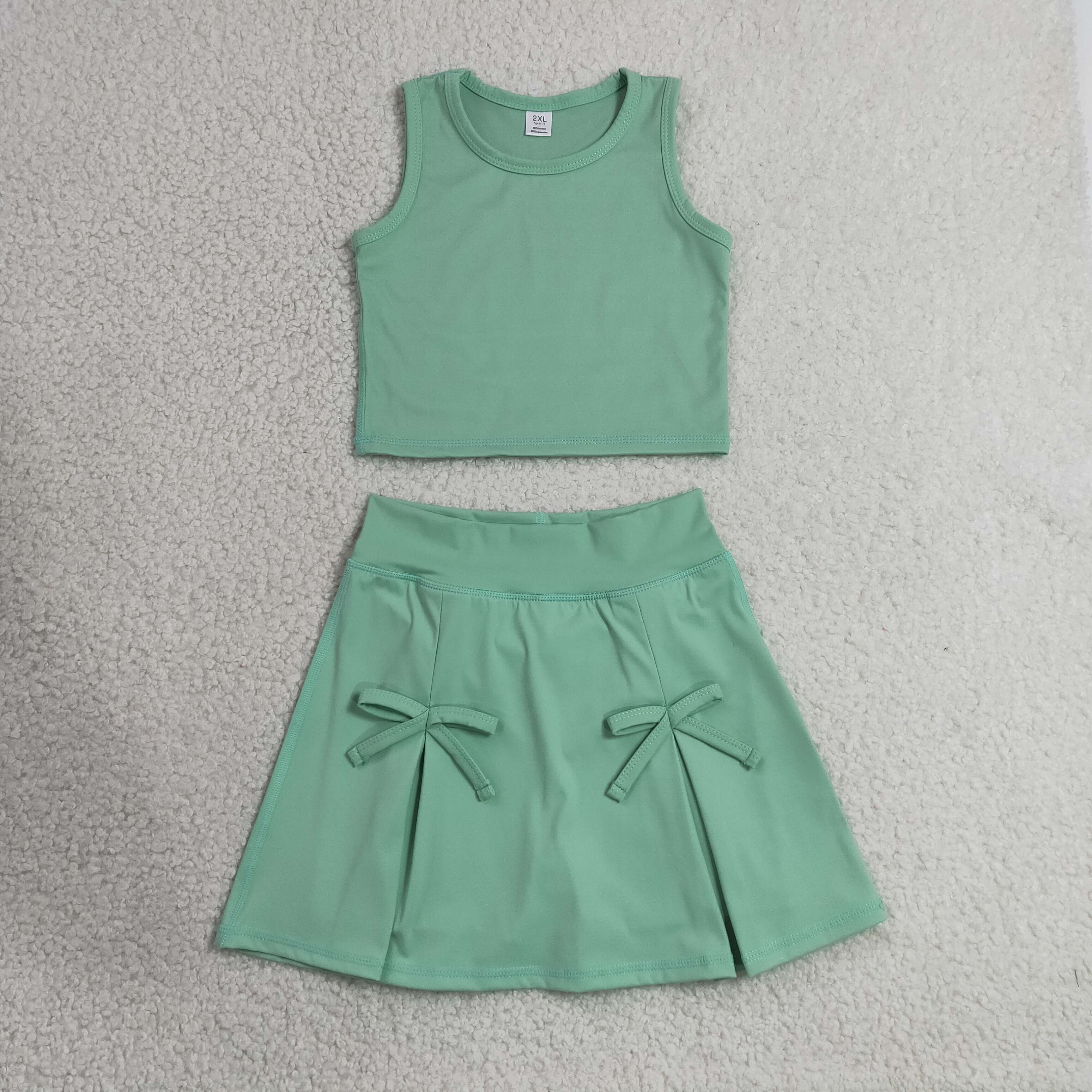 GSD3760  RTS Green solid print active girl yoga skirt bows dress