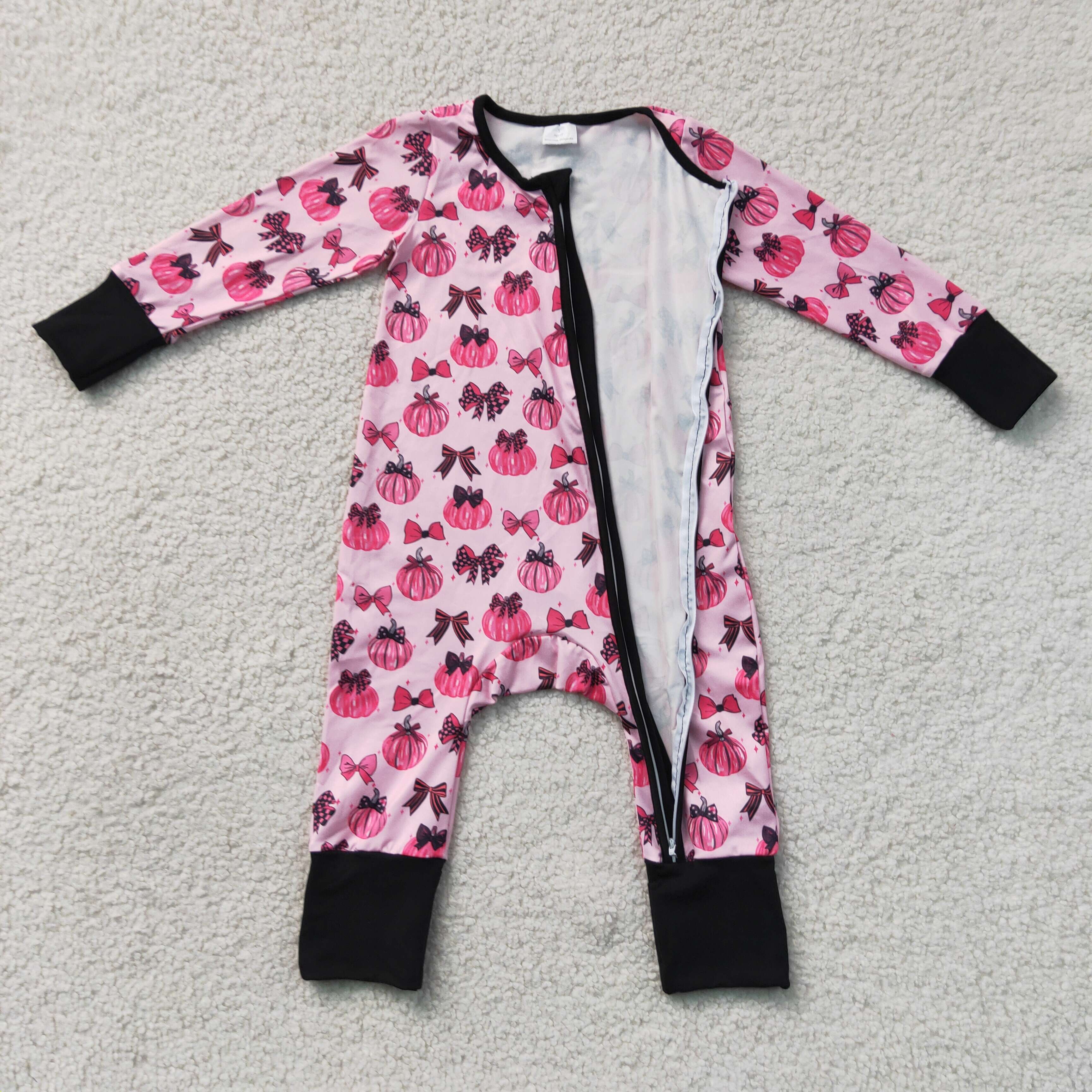LR3069   Baby Hot Pink pumpkin bows long sleeve Rompers