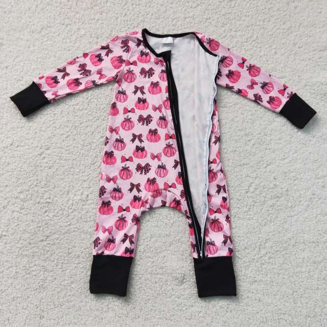 LR3069   Baby Hot Pink pumpkin bows long sleeve Rompers