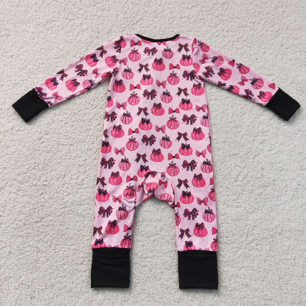 LR3069   Baby Hot Pink pumpkin bows long sleeve Rompers