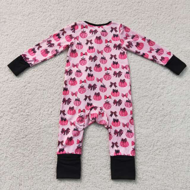 LR3069   Baby Hot Pink pumpkin bows long sleeve Rompers