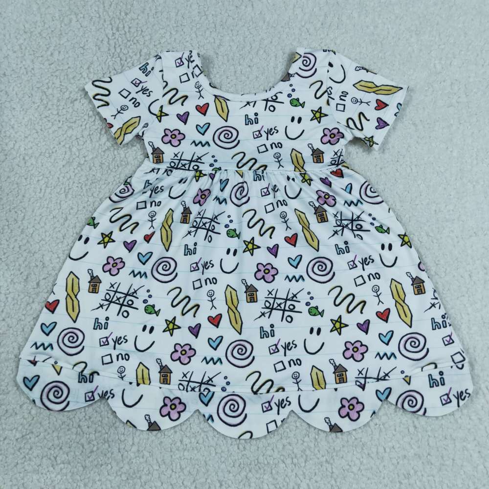 GSD4157  RTS yes no print girl summer scallop back to school dress