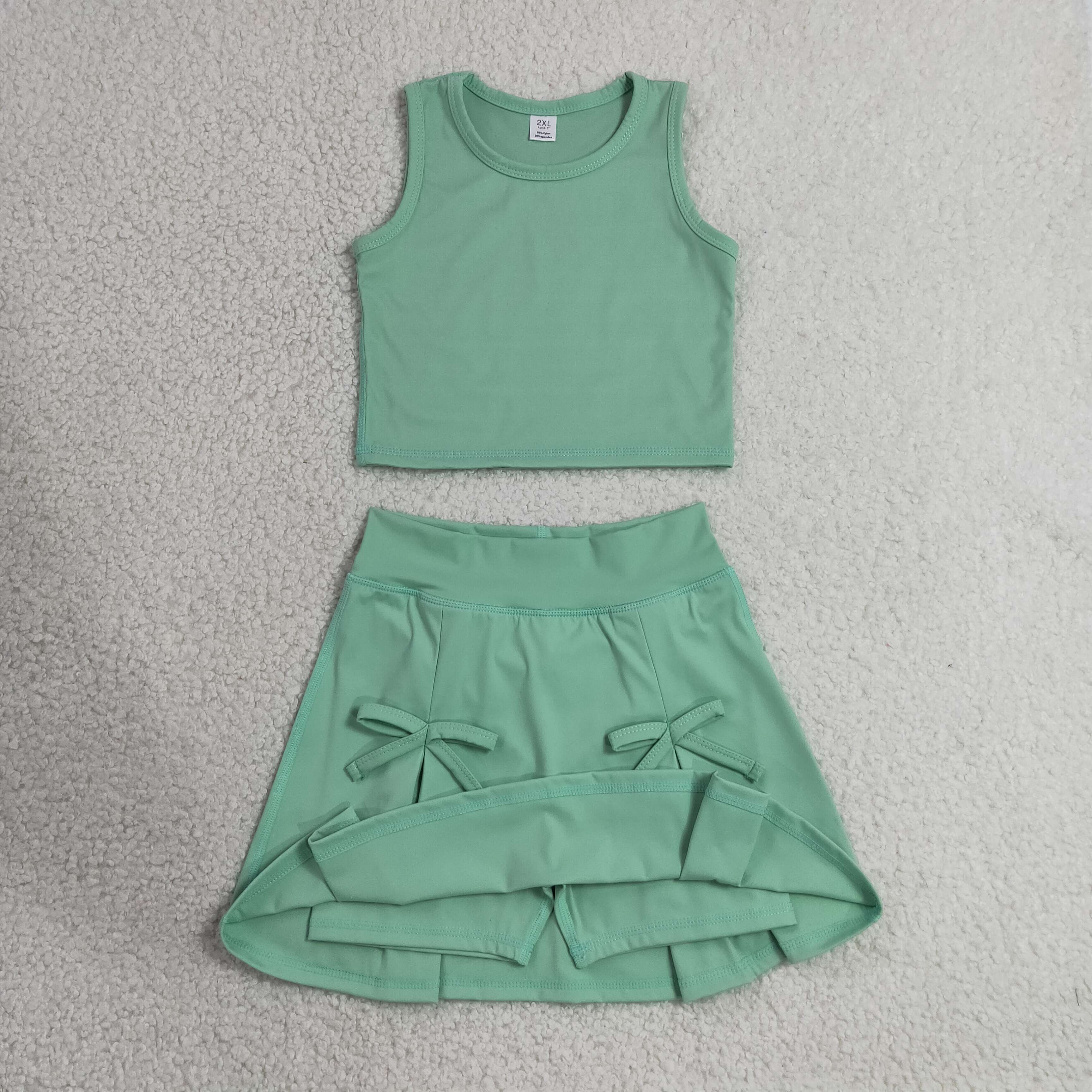 GSD3760  RTS Green solid print active girl yoga skirt bows dress