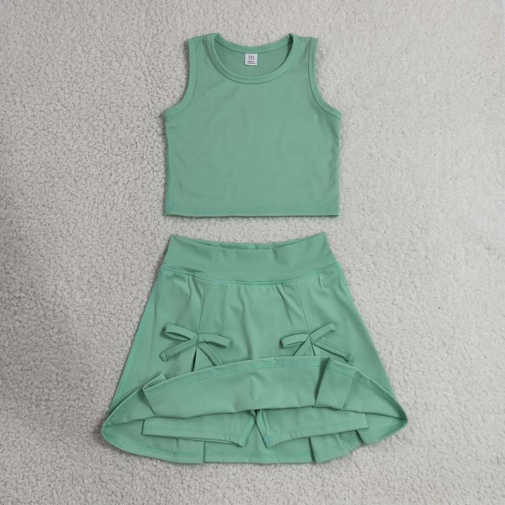 GSD3760  RTS Green solid print active girl yoga skirt bows dress
