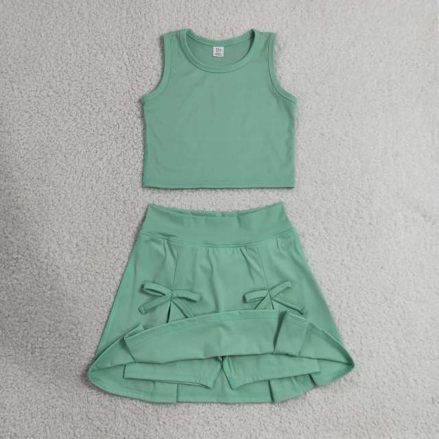 GSD3760  RTS Green solid print active girl yoga skirt bows dress