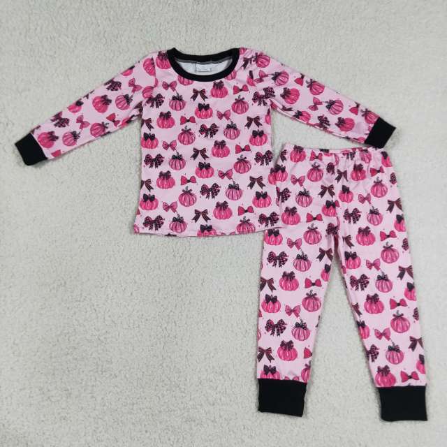 GLP3375   Halloween pink purple bows long Sleeve girl pajamas Set