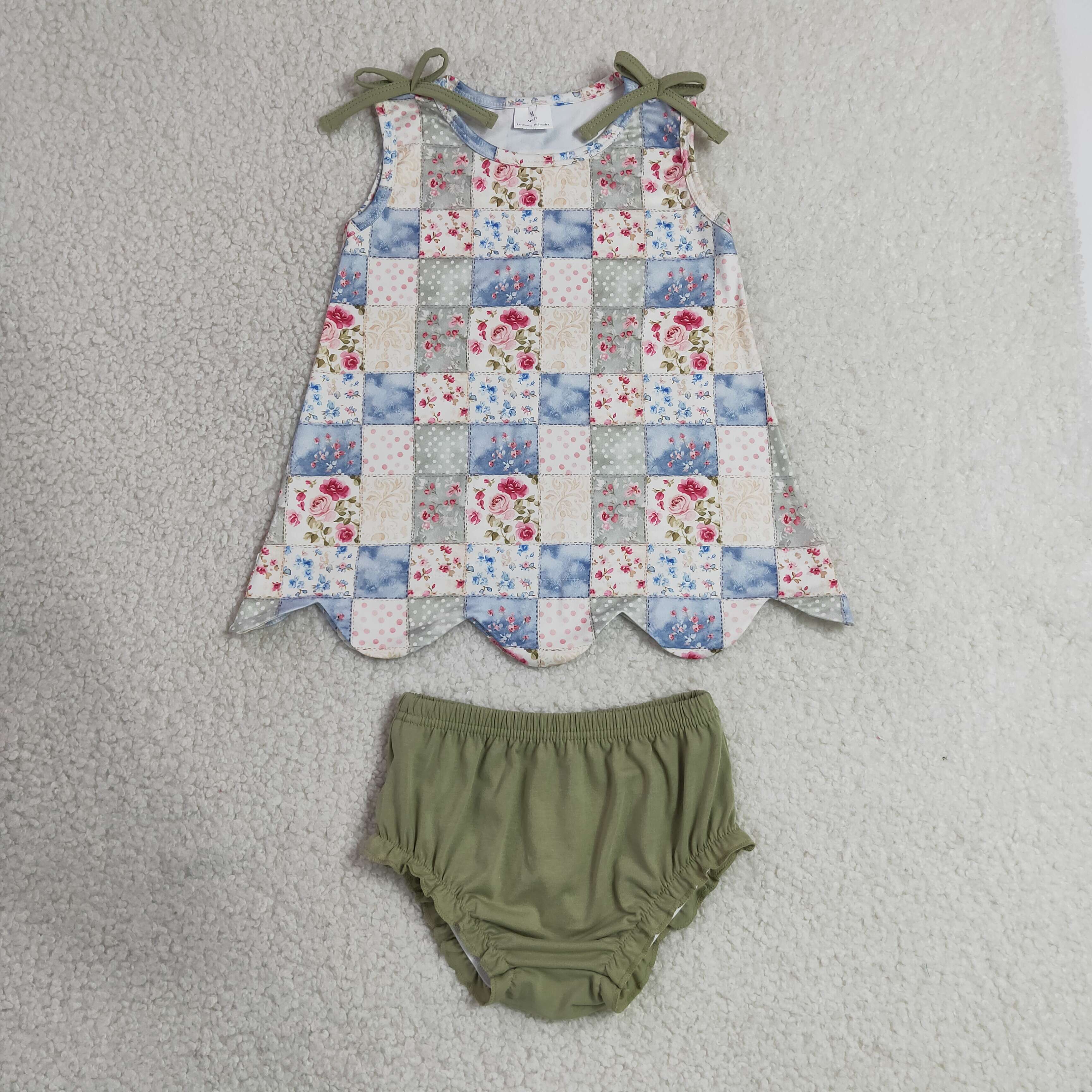 GBO0511 RTS Girl sky Blue flowers plaid sleeveless girl bows scallop bummies