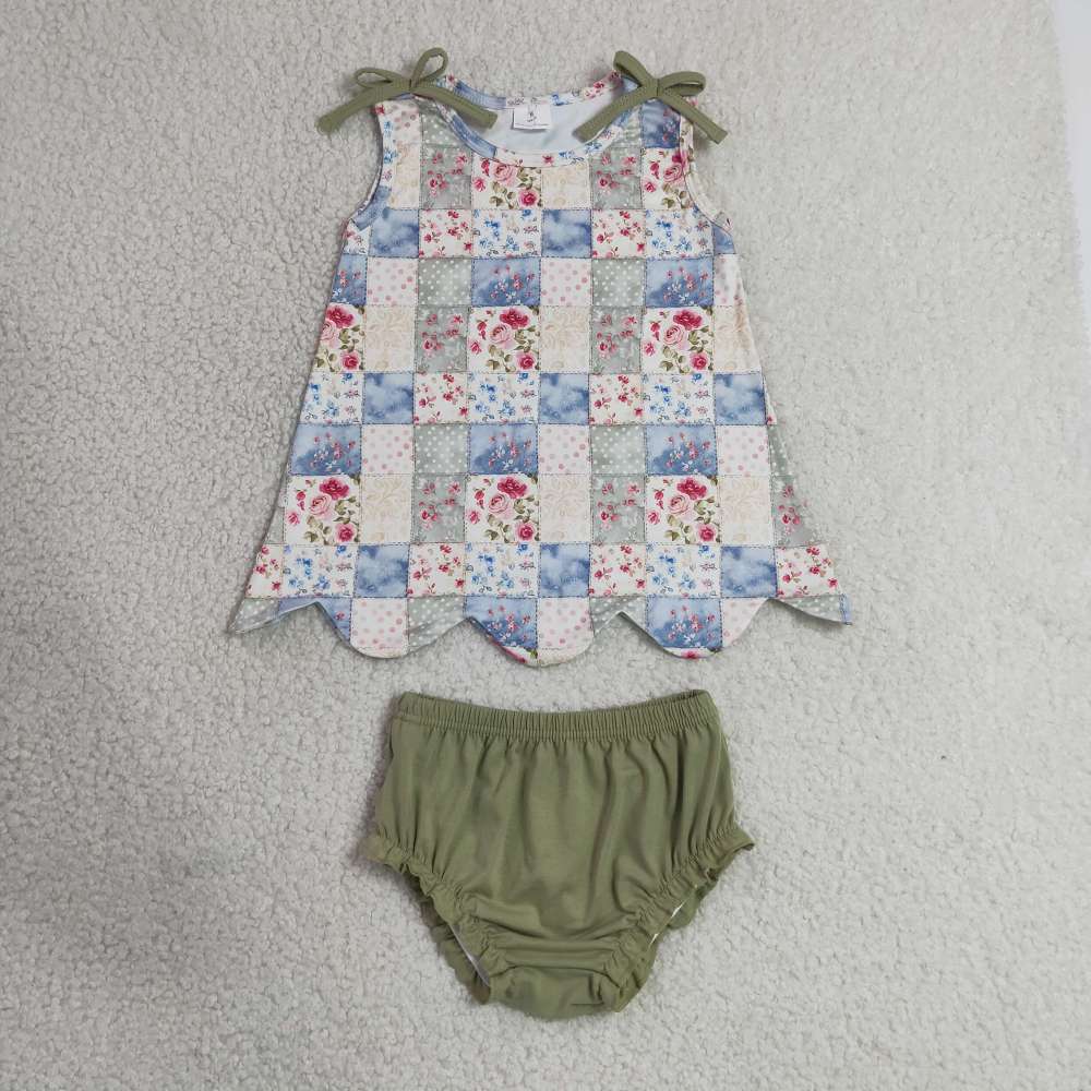 GBO0511 RTS Girl sky Blue flowers plaid sleeveless girl bows scallop bummies