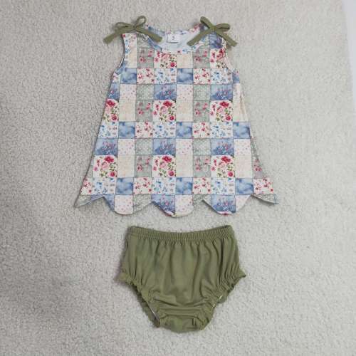GBO0511 RTS Girl sky Blue flowers plaid sleeveless girl bows scallop bummies