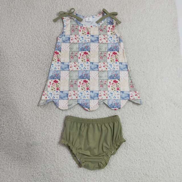 GBO0511 RTS Girl sky Blue flowers plaid sleeveless girl bows scallop bummies