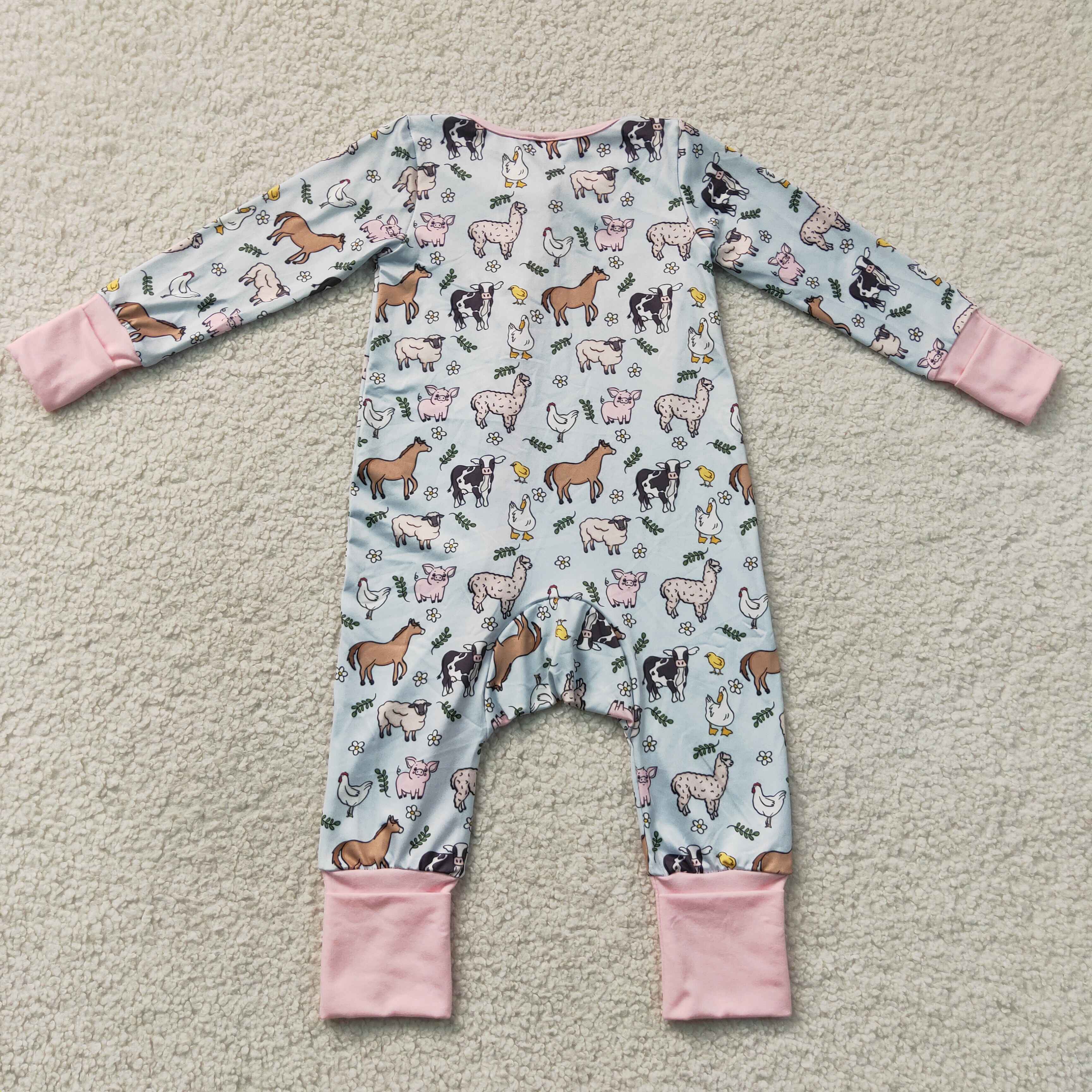 LR2401 Baby Blue farm animals print long sleeve Rompers